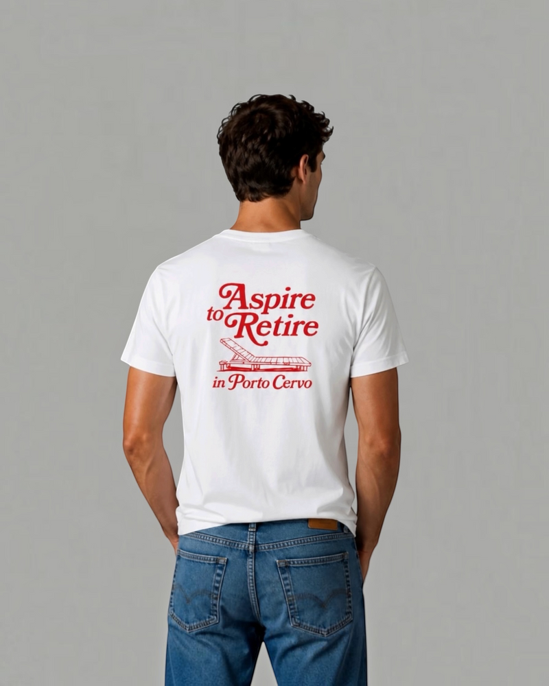 Aspire to Retire in Porto Cervo white t-shirt, back print, worn by a man