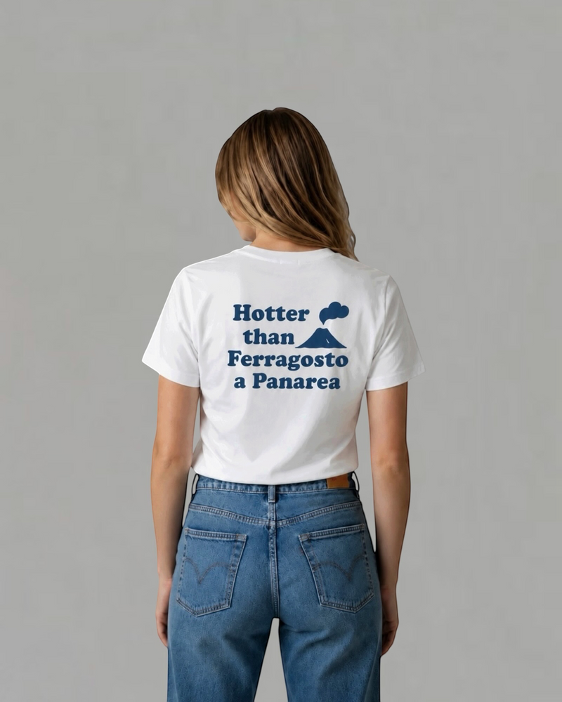 Hotter Than Ferragosto a Panarea white t-shirt with navy back print, worn by a man